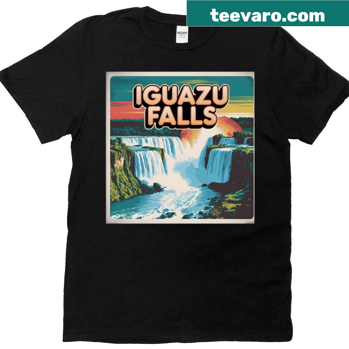 Vintage travel poster t-shirt featuring Iguazu Falls. — on a men's t-shirt