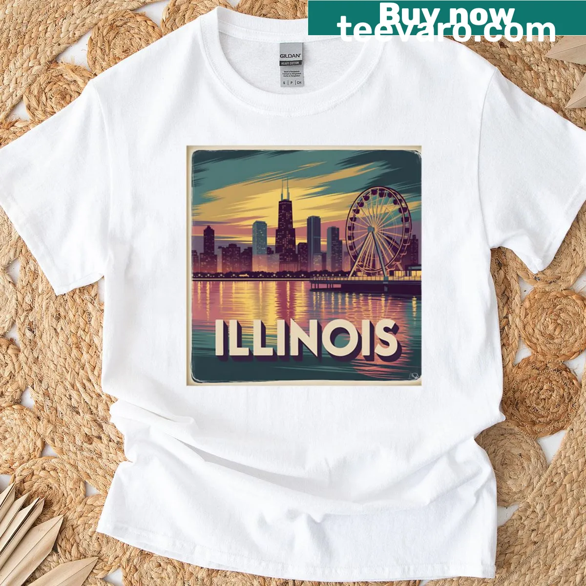 Illinois travel poster style graphic on a T-shirt — on a men's t-shirt