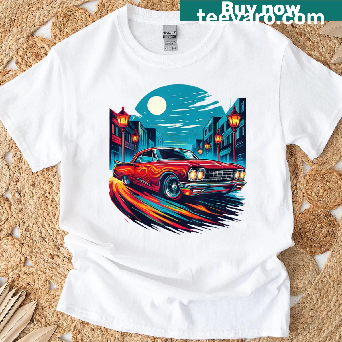 Funny car graphic t-shirt with humorous text about age — on a men's t-shirt