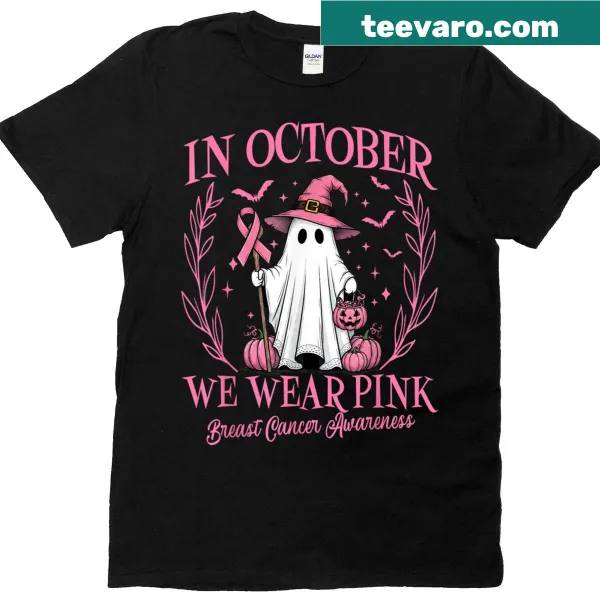 Halloween-themed T-shirt with ghosts, witches, and pink awareness text