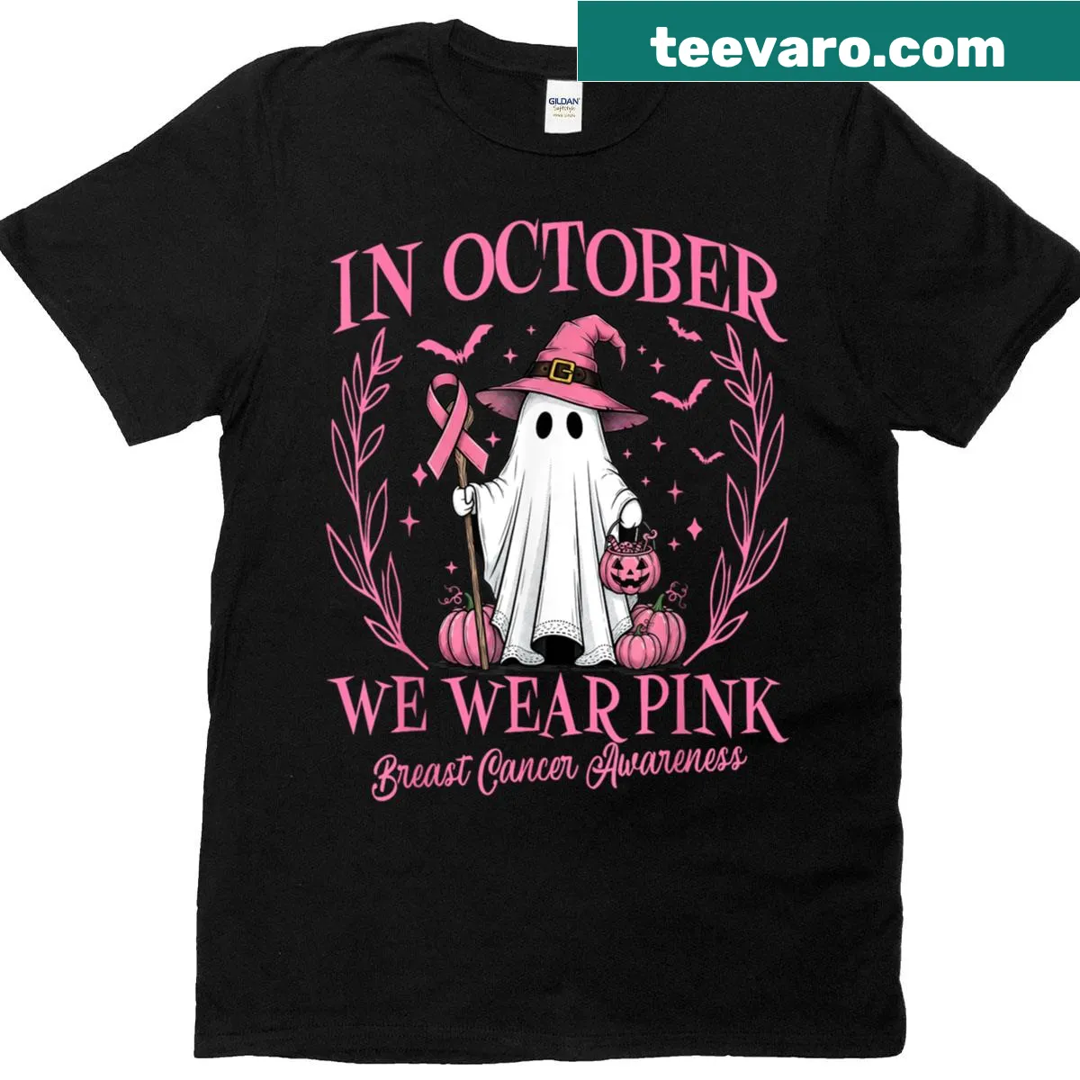 Halloween-themed T-shirt with ghosts, witches, and pink awareness text — on a men's t-shirt