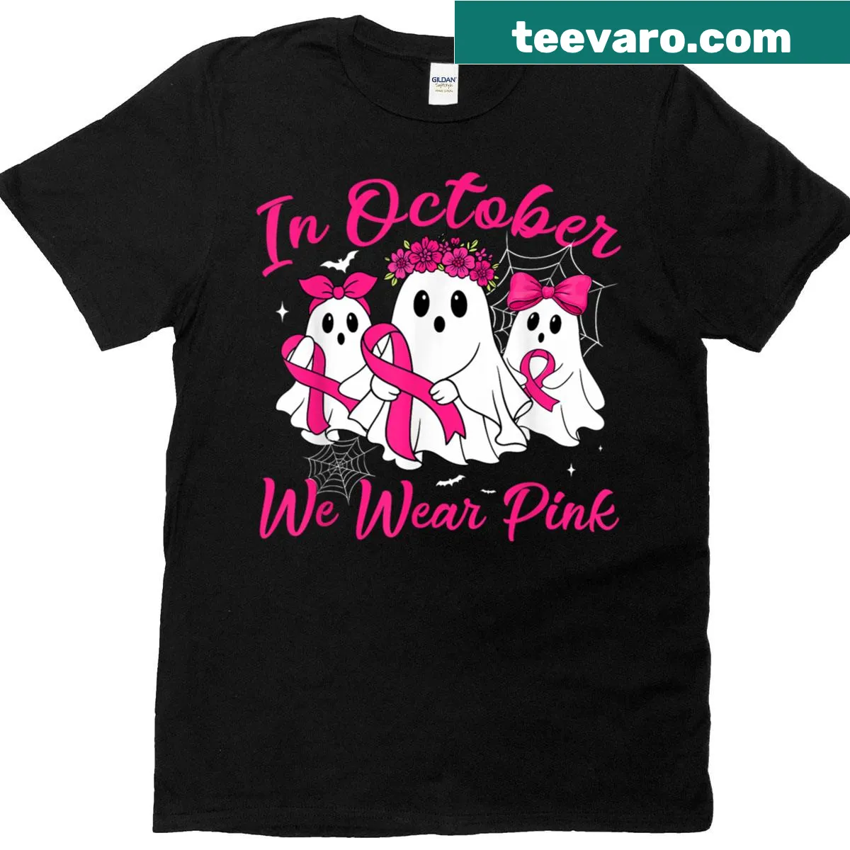 Ghost illustration with pink ribbon for Breast Cancer Awareness — on a men's t-shirt