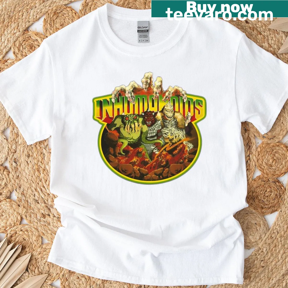 Inhumanoids logo graphic T-shirt — on a men's t-shirt