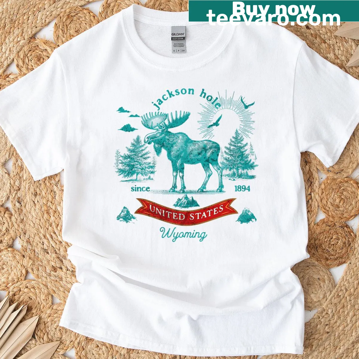 Vintage graphic of moose and mountains from Jackson Hole — on a men's t-shirt