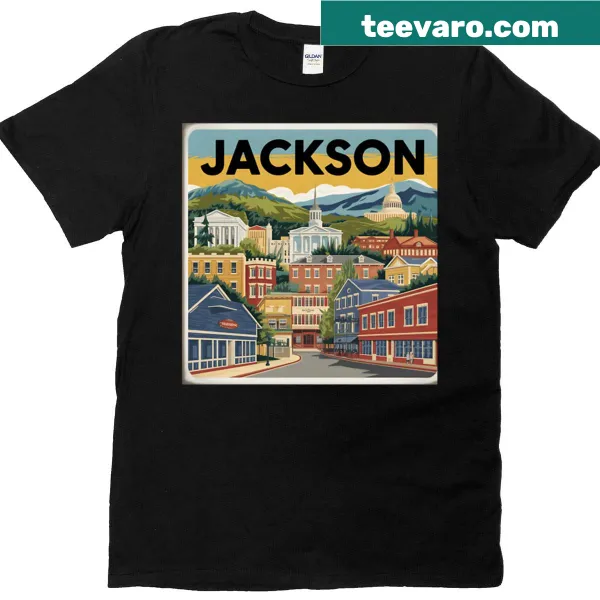 T-shirt featuring a vintage travel poster design of Jackson, Mississippi