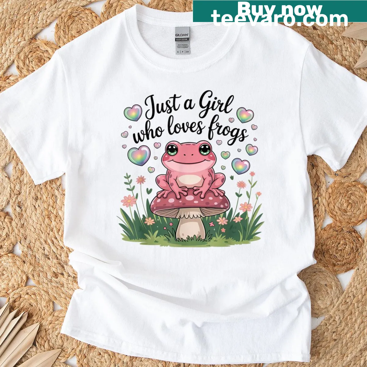 Cute pink frog and mushroom graphic on a t-shirt — on a men's t-shirt