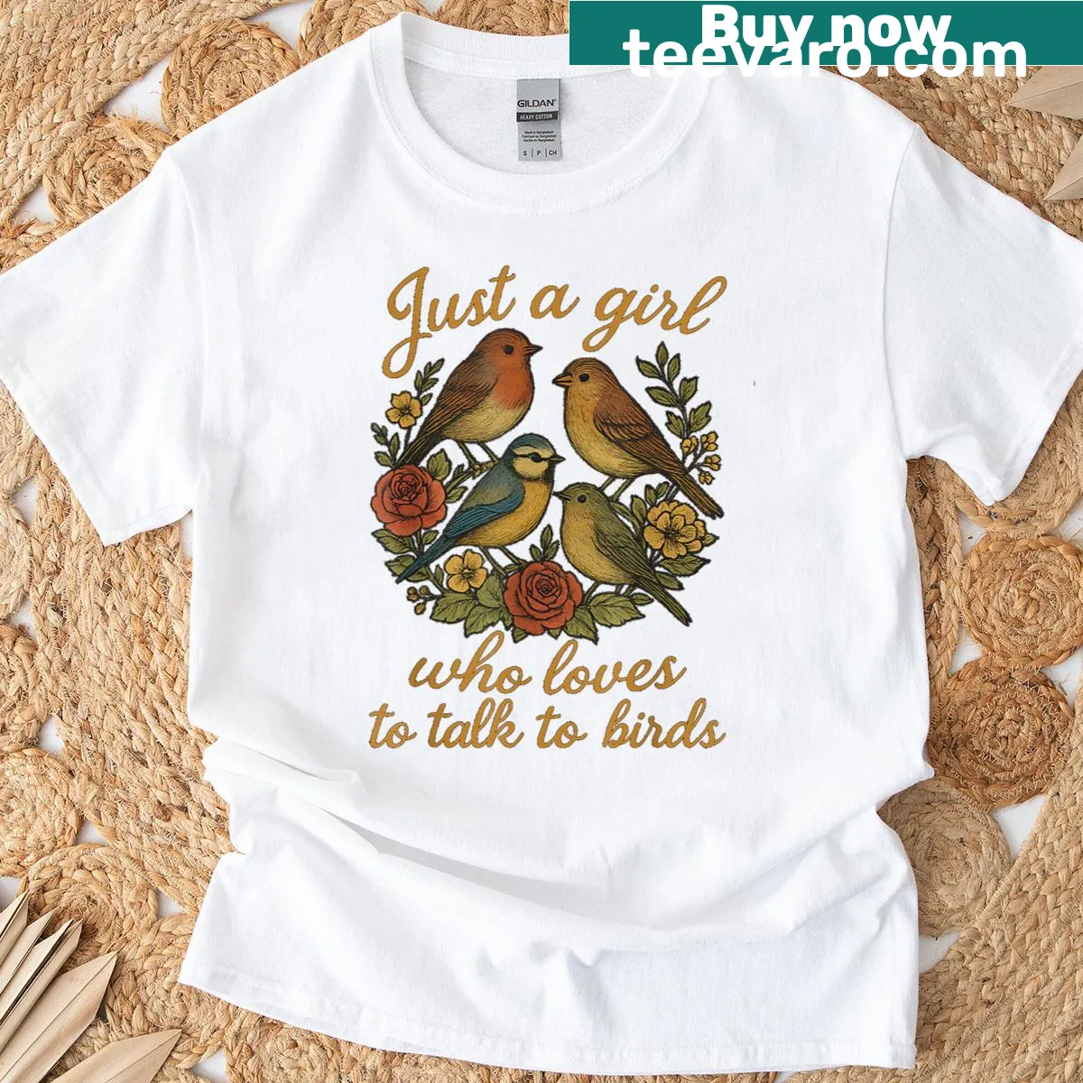 T-shirt with the phrase 'Just A Girl Who Loves To Talk To Birds' and an illustration — on a men's t-shirt