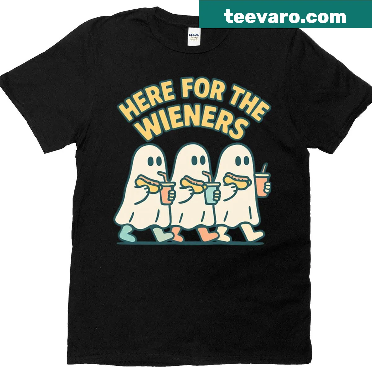 T-shirt with cartoon ghosts and text 'Just Here For The Wieners' — on a men's t-shirt