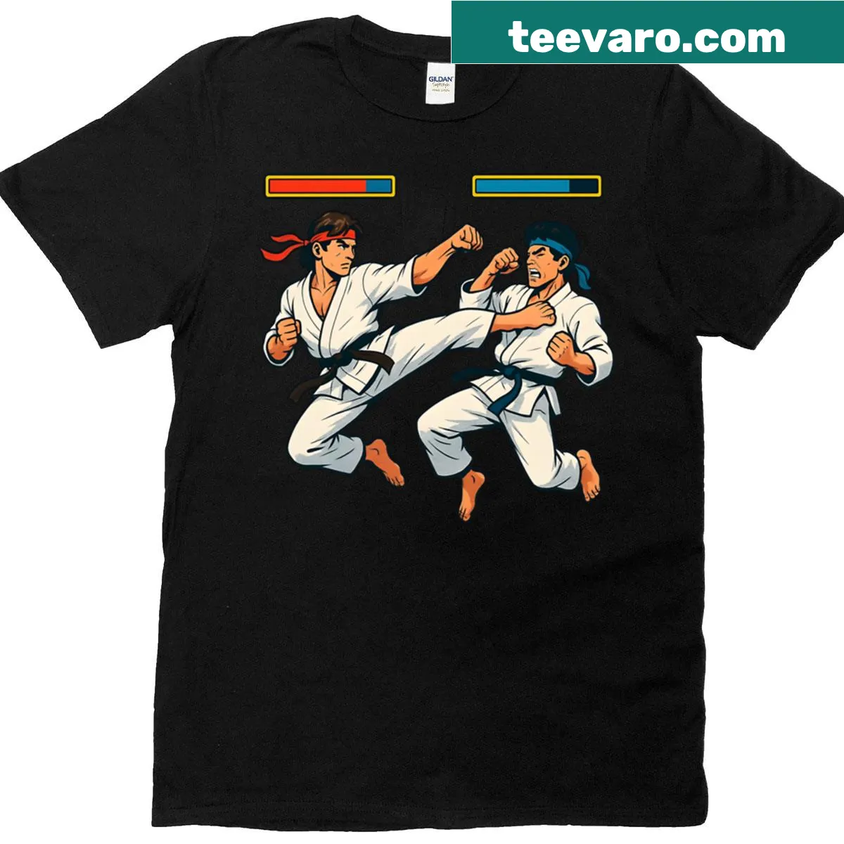 Humorous Karate Duel T-shirt with cartoon characters sparring — on a men's t-shirt