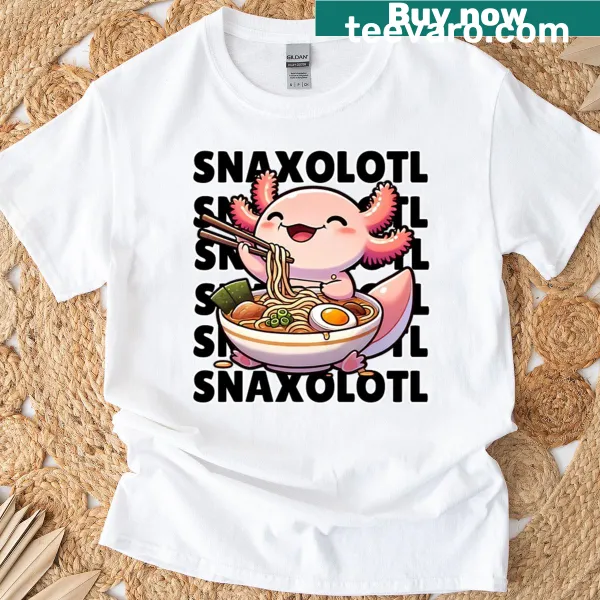 Cute axolotl graphic eating ramen on a t-shirt