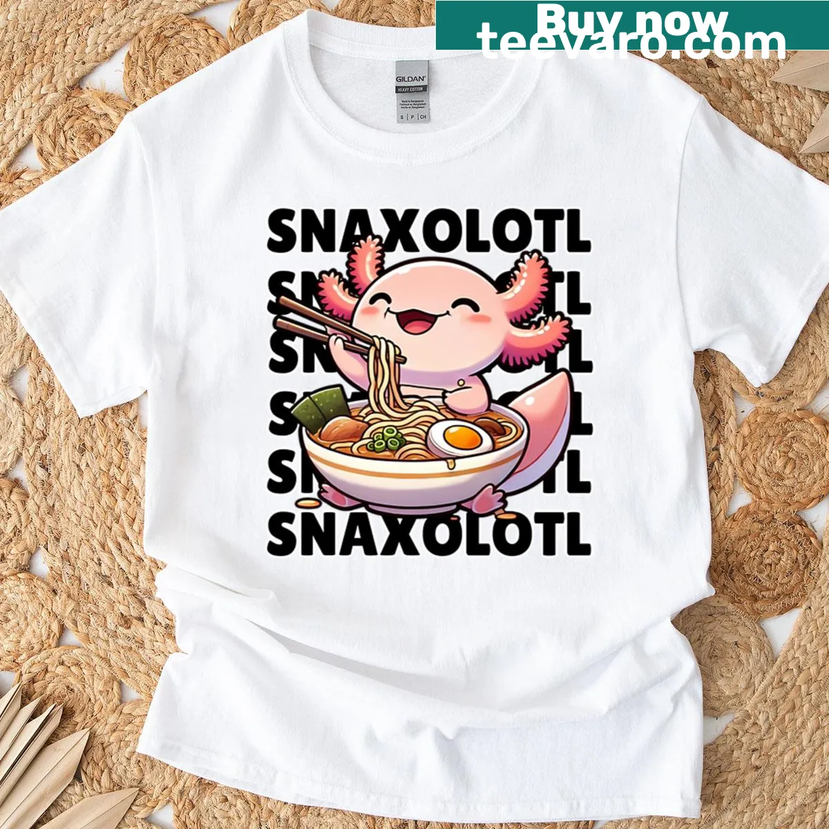 Cute axolotl graphic eating ramen on a t-shirt — on a men's t-shirt