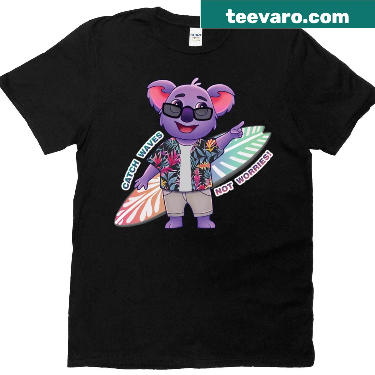 Illustrated surf-loving koala riding a wave — on a men's t-shirt