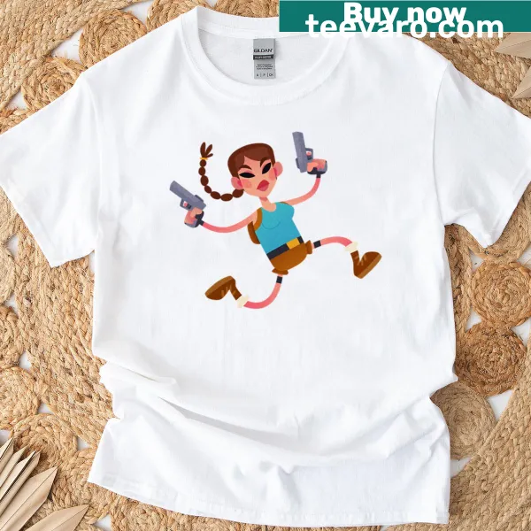 Cartoon graphic of Lara Croft with 'Go Pew Pew' text design.
