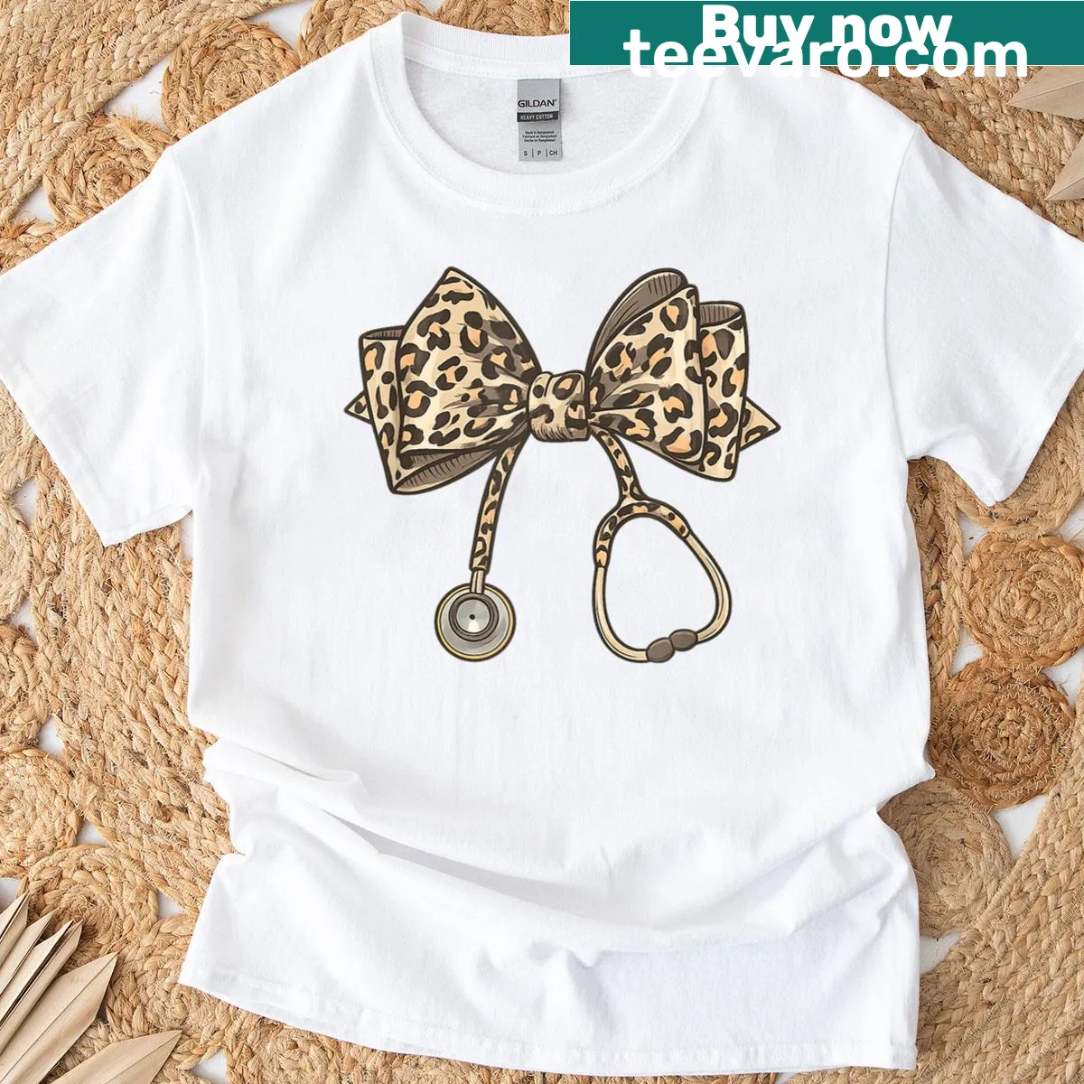 Leopard print T-shirt featuring a stethoscope graphic for nurses — on a men's t-shirt