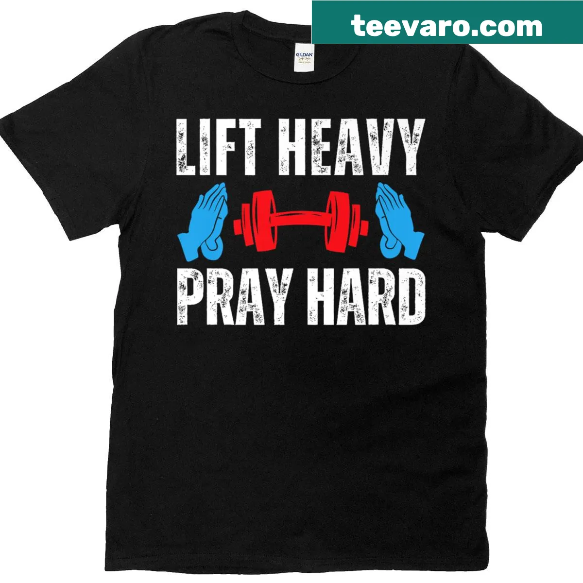 Inspirational gym T-shirt saying 'Lift Heavy Pray Hard' — on a men's t-shirt