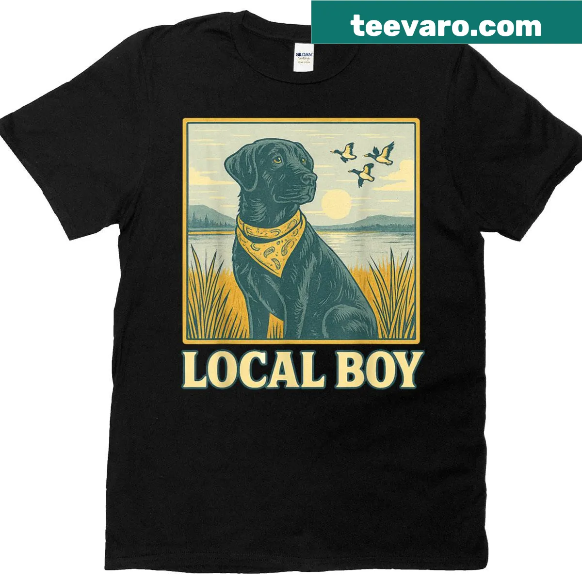 Vintage-style T-shirt with a hunting dog silhouette — on a men's t-shirt
