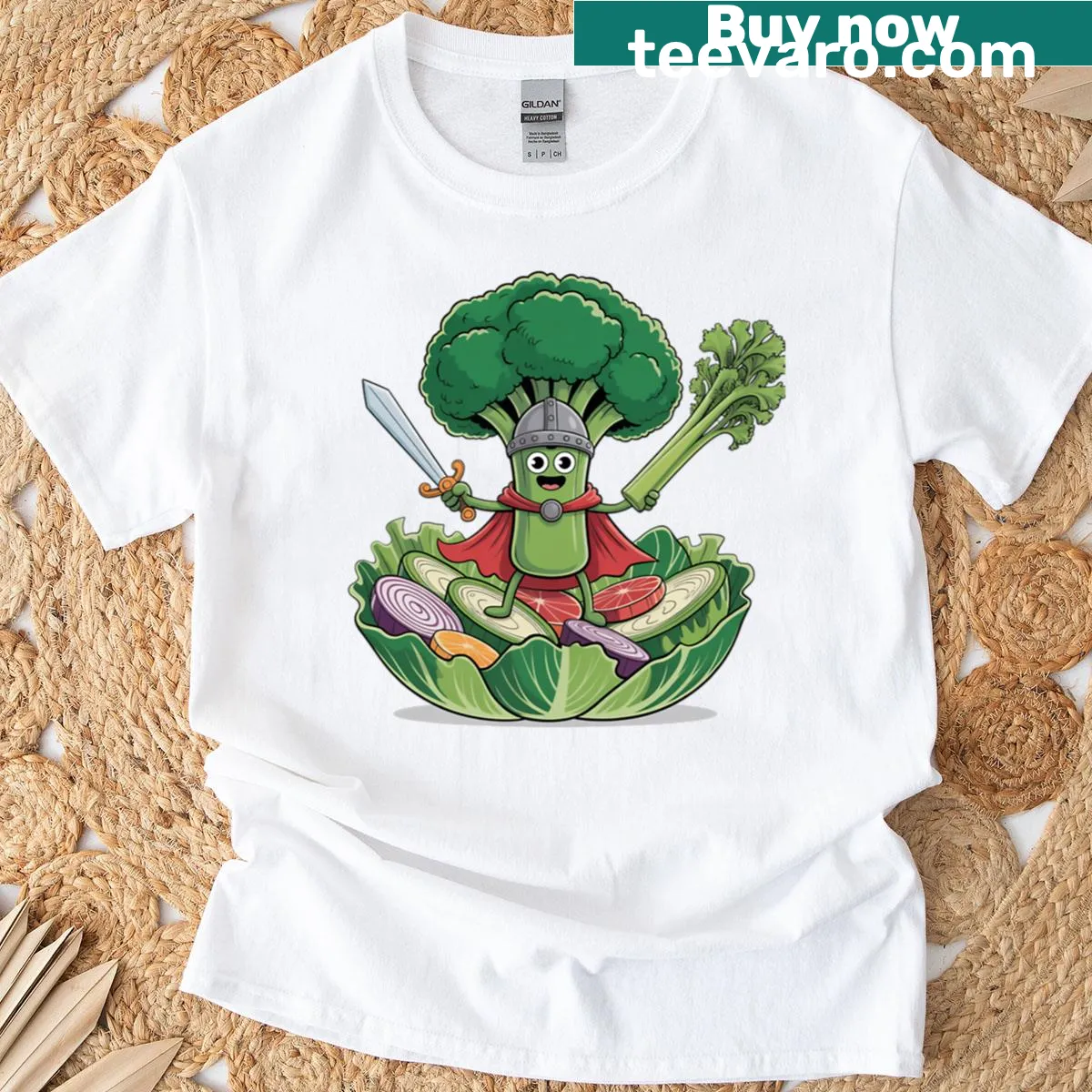 Funny broccoli character t-shirt with 'Defender of Greens' text — on a men's t-shirt