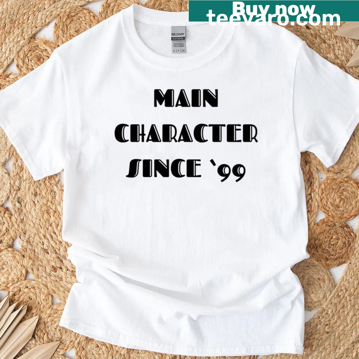 Cartoon-style tee with 'Main Character Since 99' statement. — on a men's t-shirt