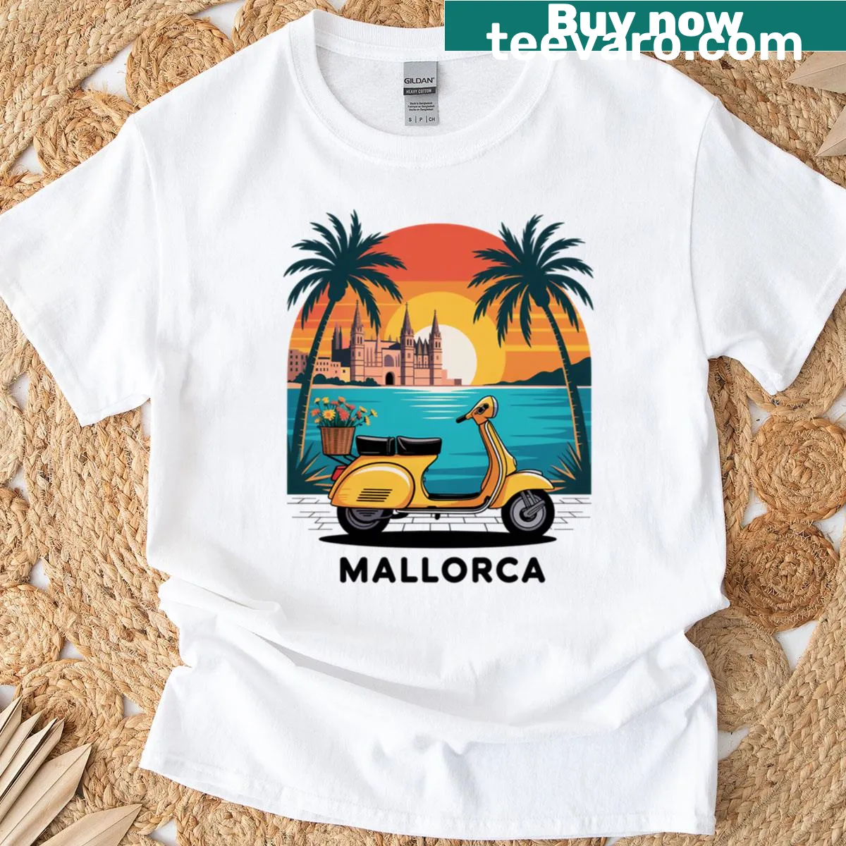 Nostalgic Mallorca T-shirt with scooter and Palma Cathedral — on a men's t-shirt