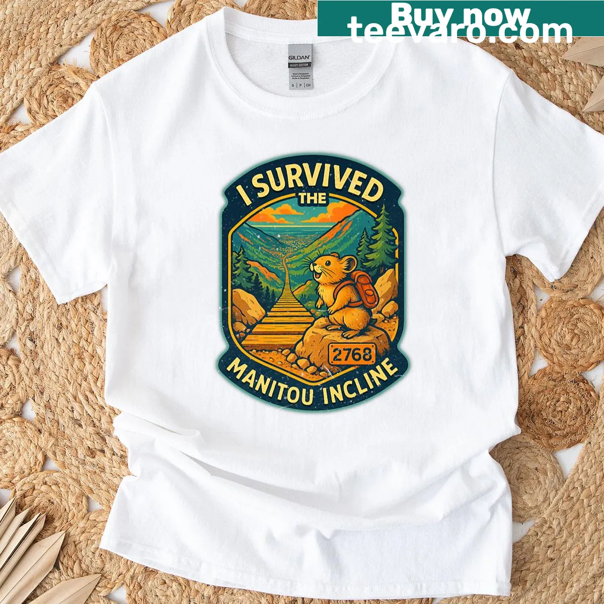 Illustrative Manitou Incline Colorado t-shirt featuring a pika — on a men's t-shirt