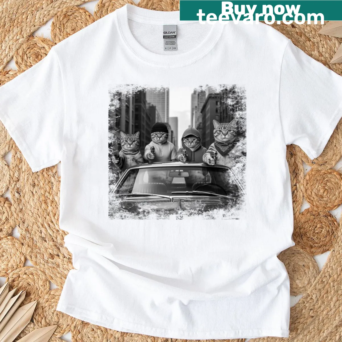 Vintage graphic of cute kittens as a gang on a t-shirt — on a men's t-shirt