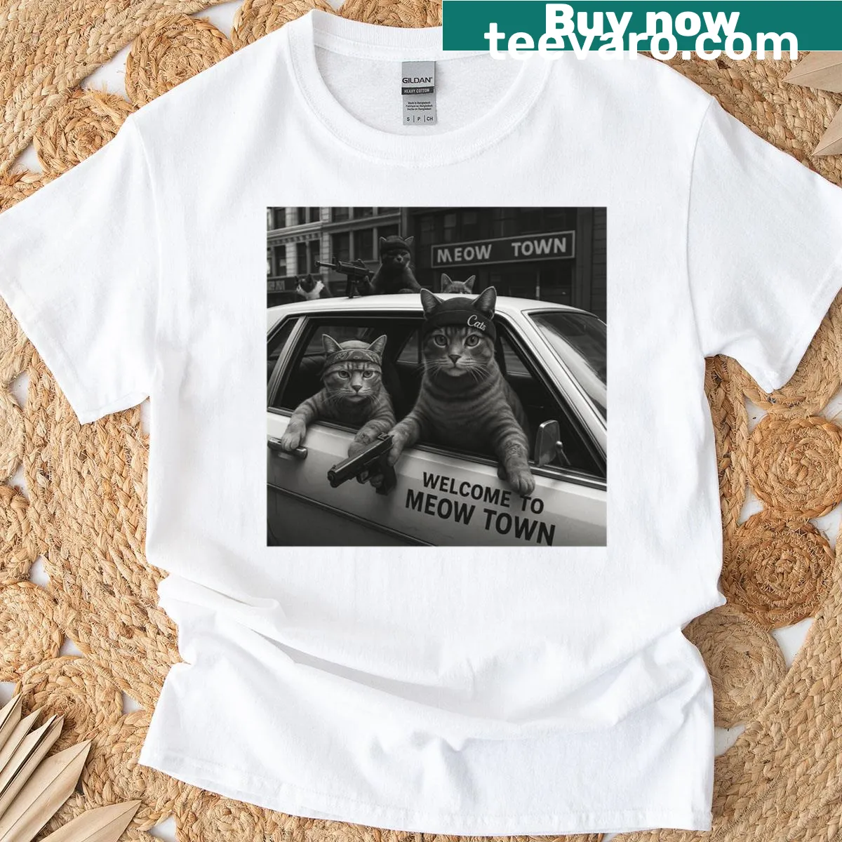 Vintage t-shirt with 'Meow Gangster Cats' graphic — on a men's t-shirt