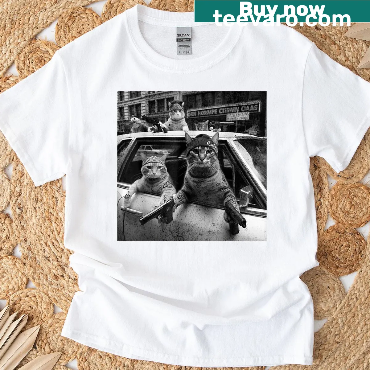 Vintage t-shirt with 'Meow Gangster Cats' graphic and funny text — on a men's t-shirt