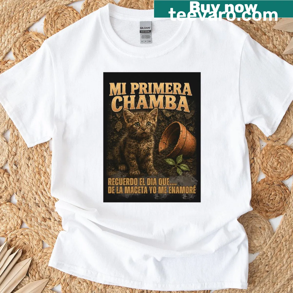 90s kitten meme T-shirt with humorous design — on a men's t-shirt