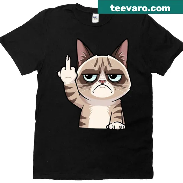 Humorous cat graphic giving a middle finger on a fitted scoop t-shirt