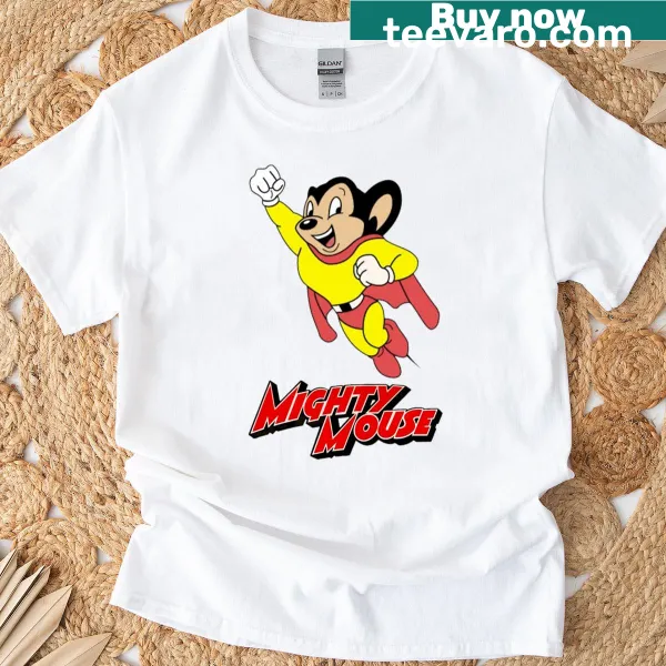 Cartoon graphic of Mighty Mouse on an oversized t-shirt