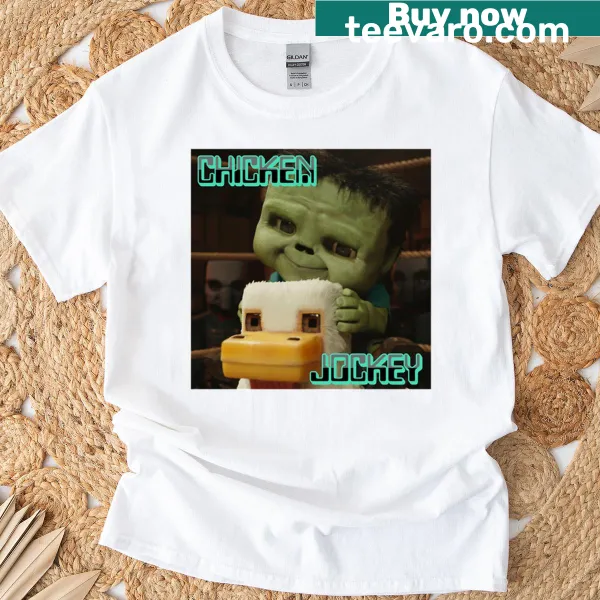 Cartoon t-shirt featuring a Minecraft Chicken Jockey character