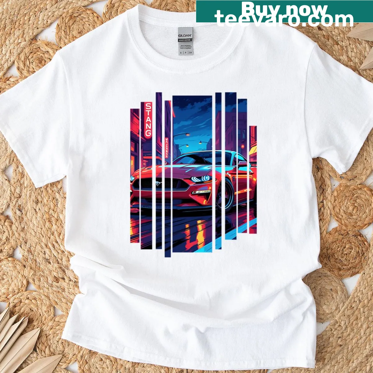 Graphic design of a sleek modern neon sports car — on a men's t-shirt