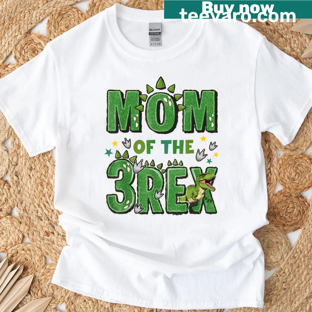 Whimsical t-shirt for moms featuring a family of dinosaurs — on a men's t-shirt