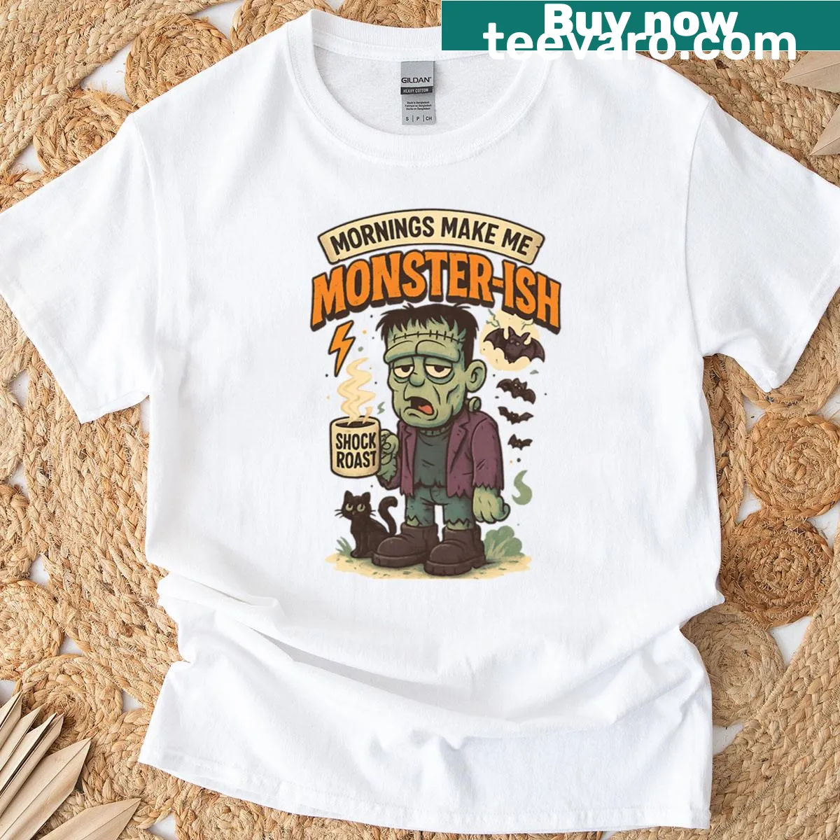Funny Frankenstein graphic with coffee theme on t-shirt — on a men's t-shirt