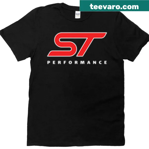 Red T-shirt with a dynamic illustration of a motorsport vehicle