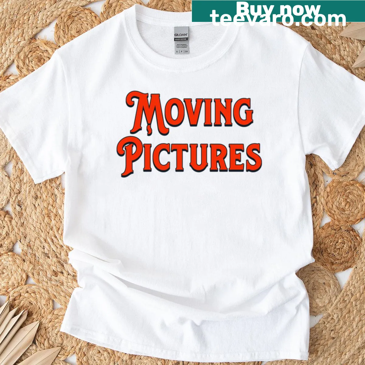 Rush band T-shirt featuring Moving Pictures album artwork — on a men's t-shirt