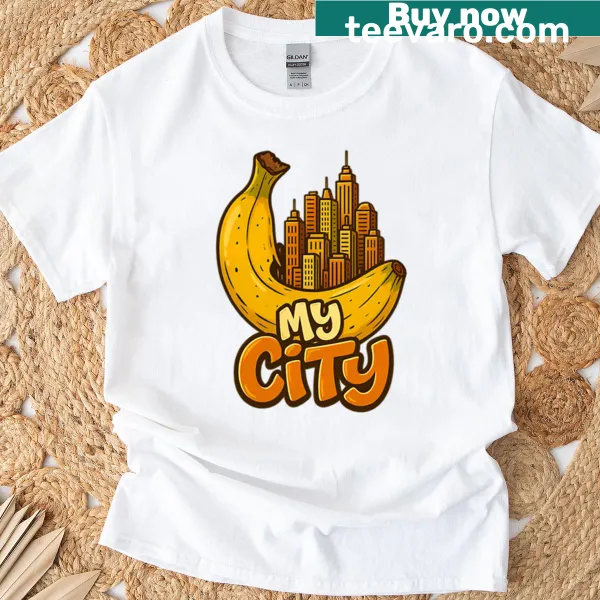Fun illustration of a banana on a city-themed t-shirt