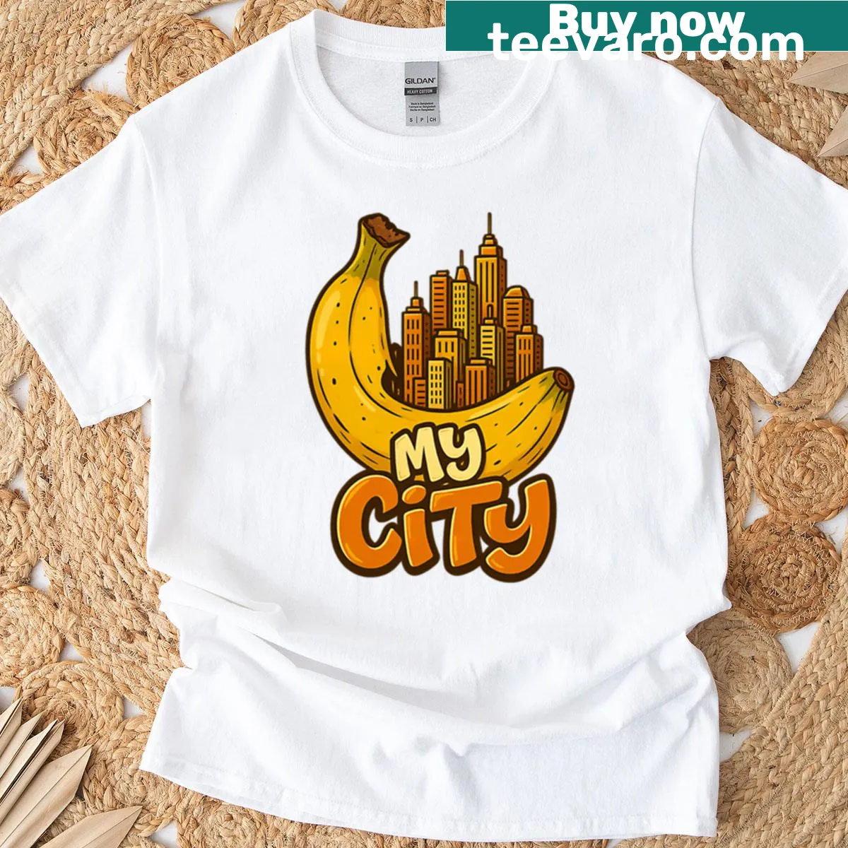 Fun illustration of a banana on a city-themed t-shirt — on a men's t-shirt