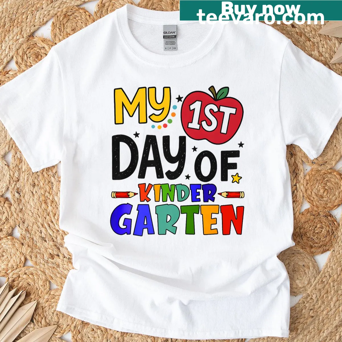 Kids t-shirt celebrating first day of kindergarten with playful graphics — on a men's t-shirt