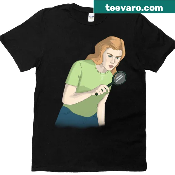 Illustration of Nancy Drew with magnifying glass on oversized T-shirt