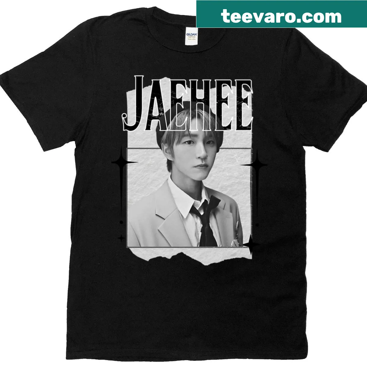 NCT Jaehee monochrome collage graphic T-shirt — on a men's t-shirt