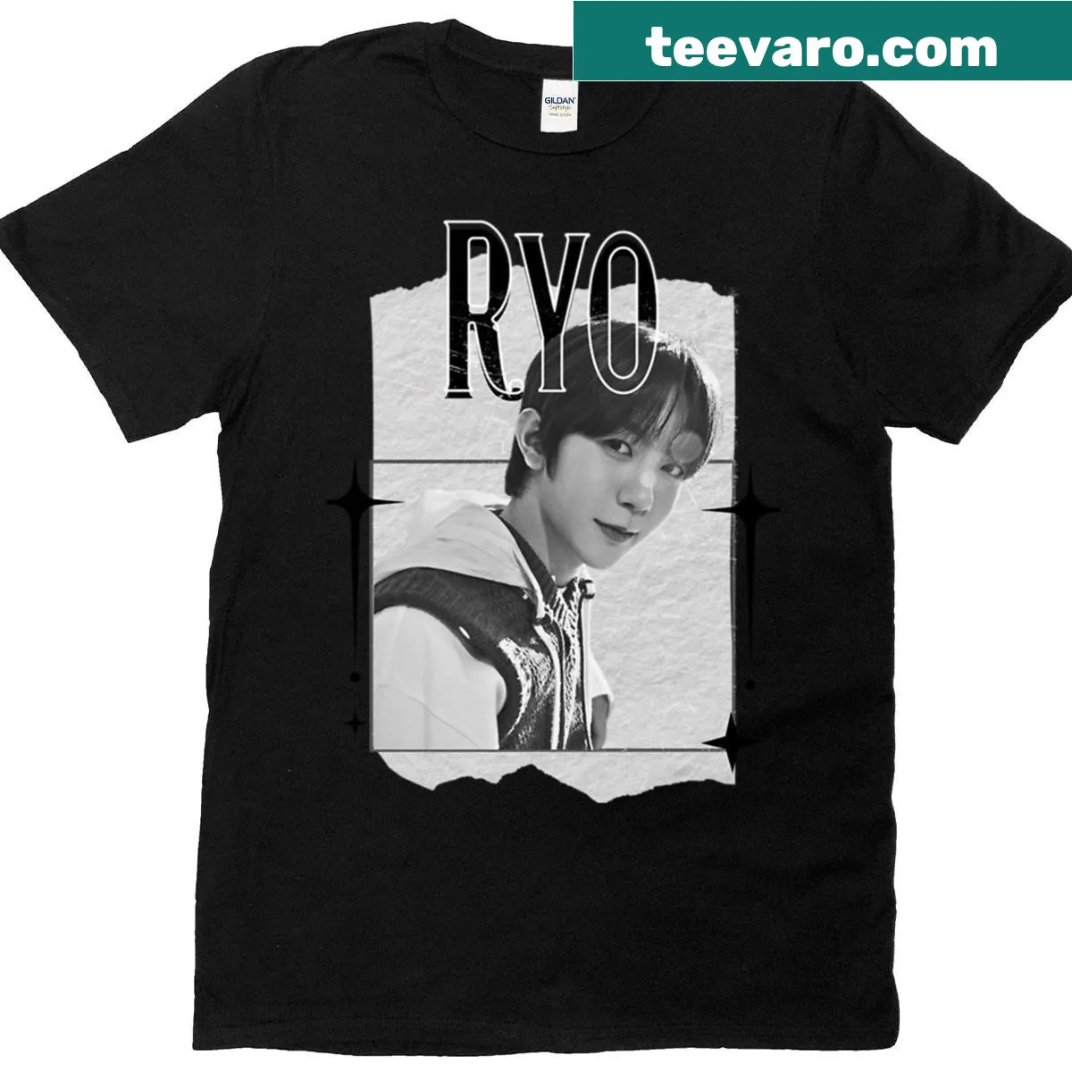 Monochrome collage design featuring NCT Ryo on a T-shirt — on a men's t-shirt