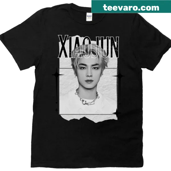 Monochrome collage design featuring NCT Xiaojun on a T-shirt