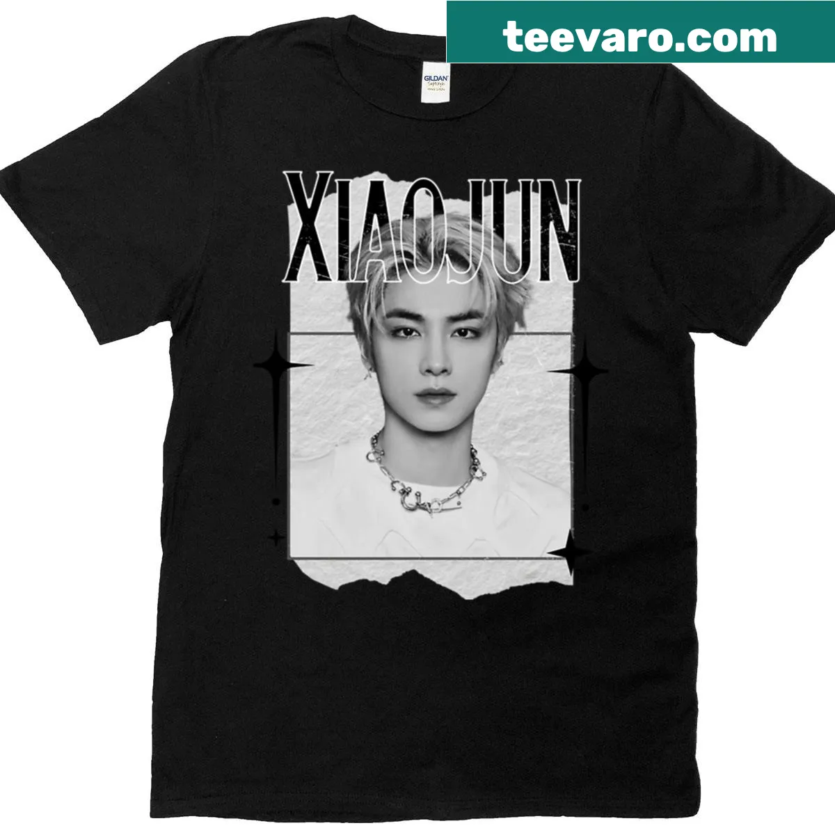 Monochrome collage design featuring NCT Xiaojun on a T-shirt — on a men's t-shirt