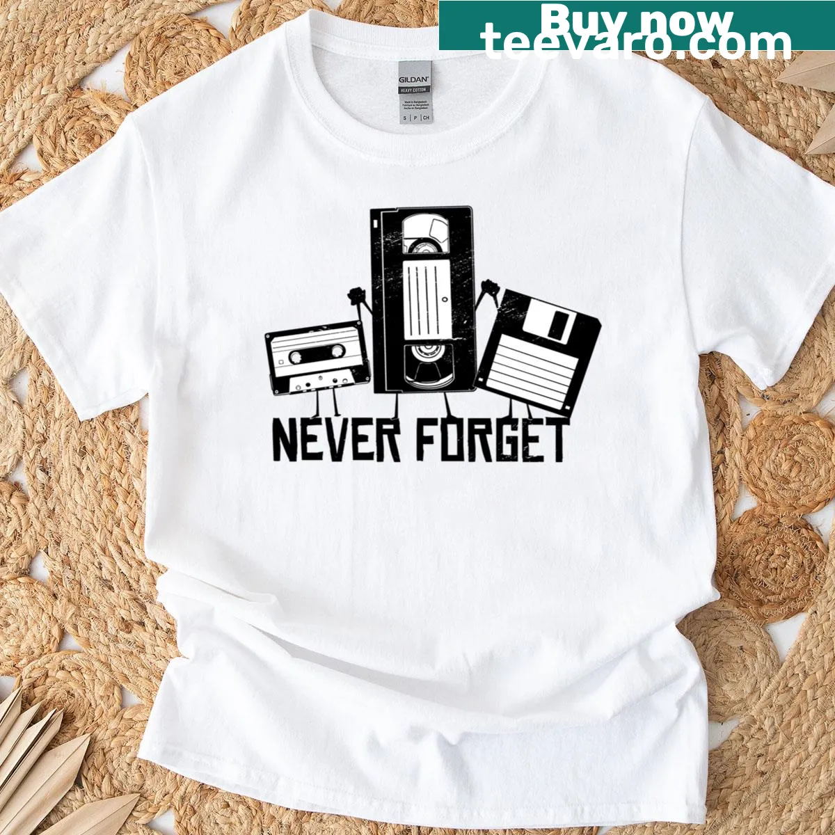 Retro VCR cassette tape and floppy disk graphic on t-shirt — on a men's t-shirt