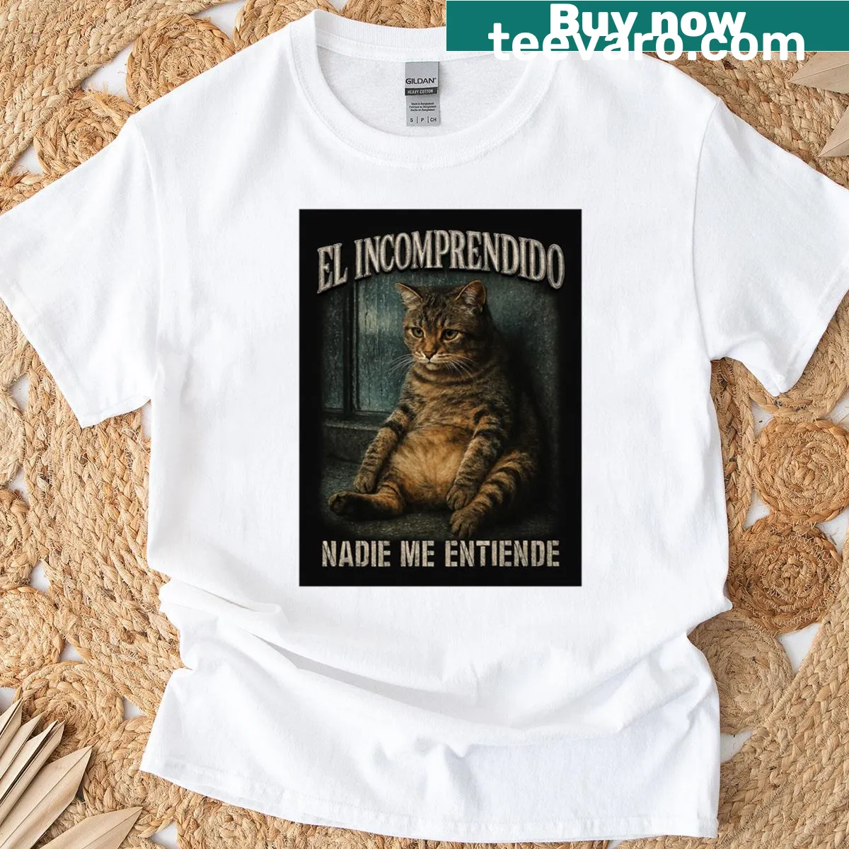 Vintage-style tee with a cat meme and retro rap design — on a men's t-shirt