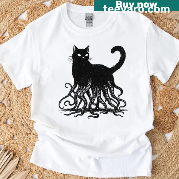 Whimsical illustration of an octopus and black cat on a T-shirt