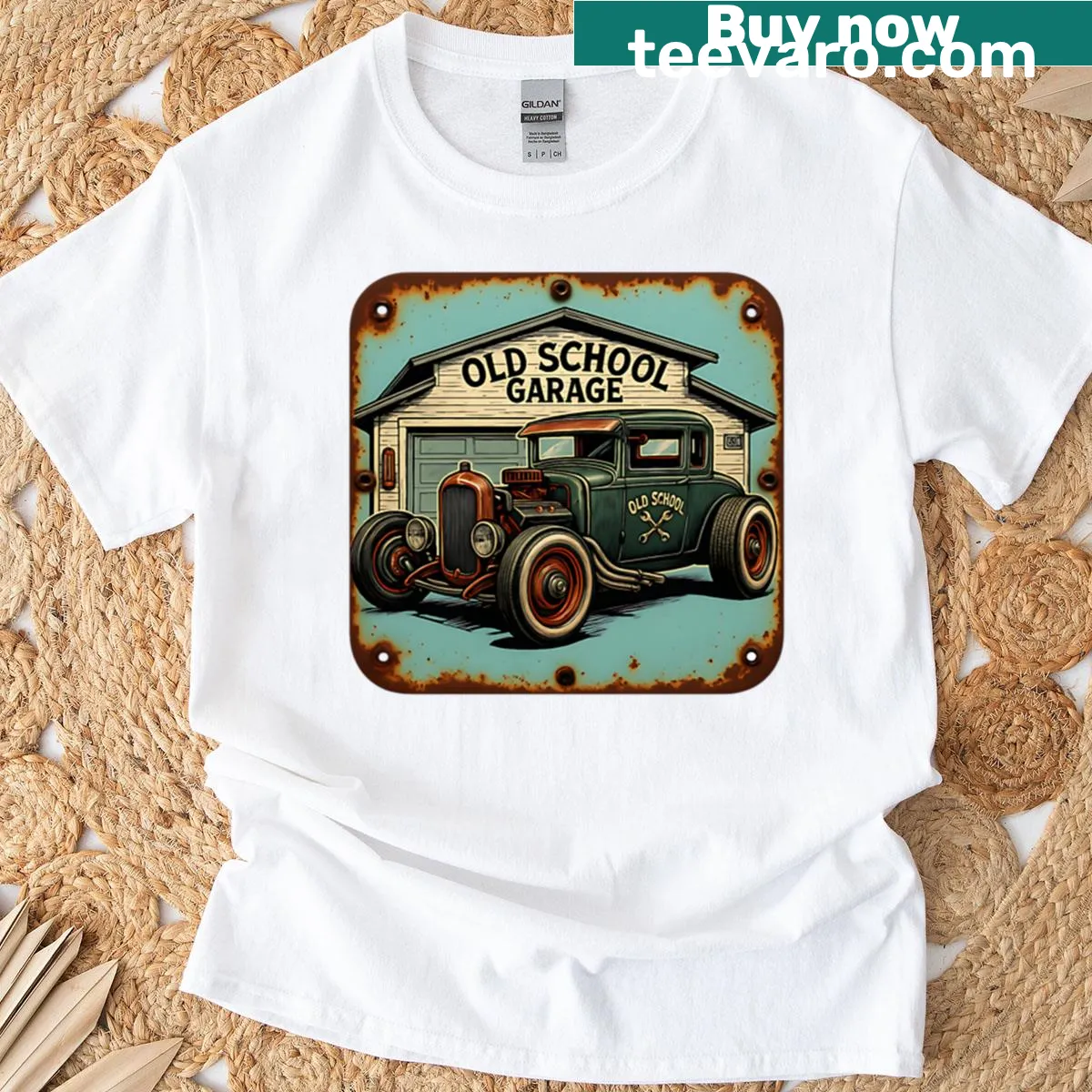 Vintage-style t-shirt featuring an old school garage hot rod design — on a men's t-shirt
