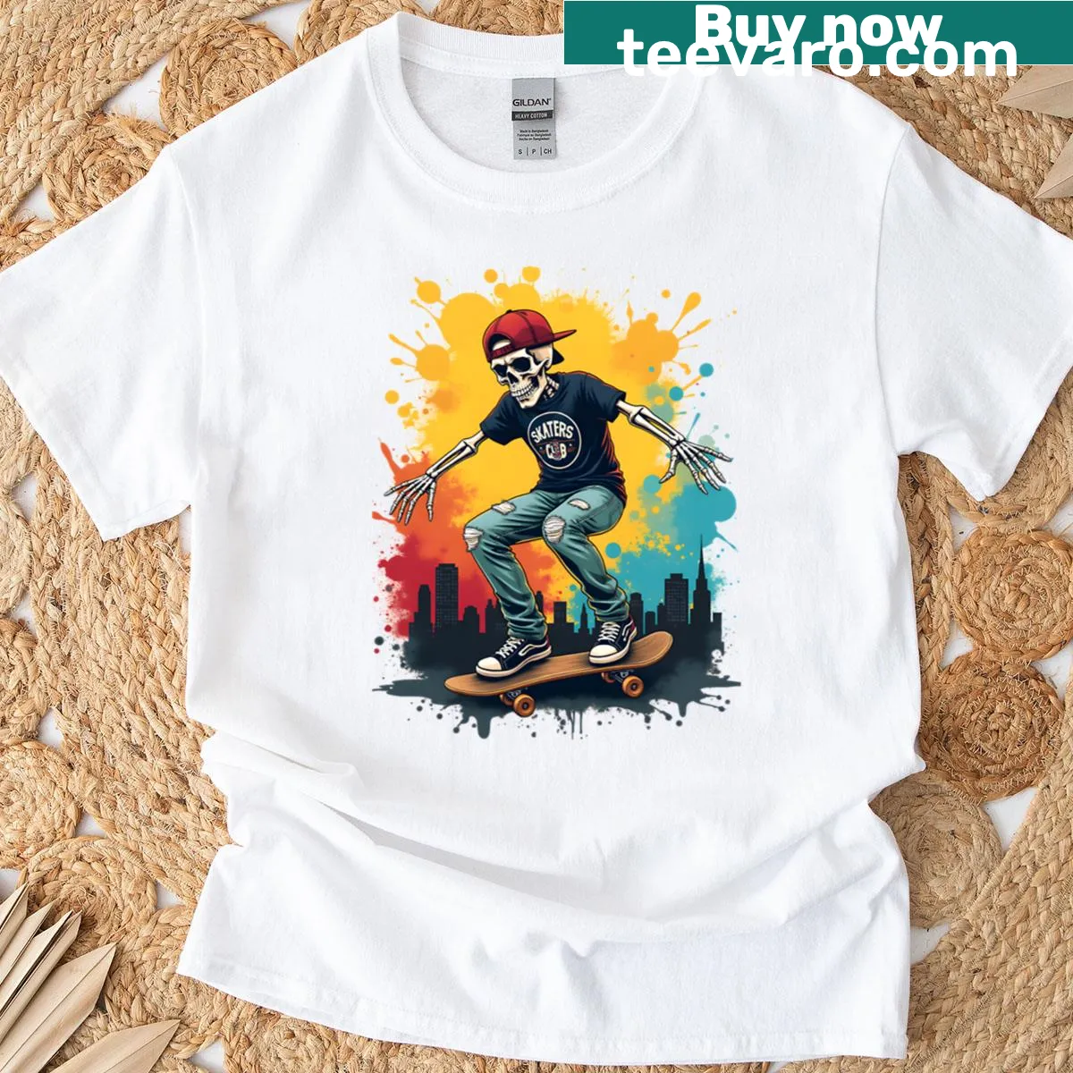 Edgy oversized T-shirt featuring a skeleton skater and graffiti — on a men's t-shirt