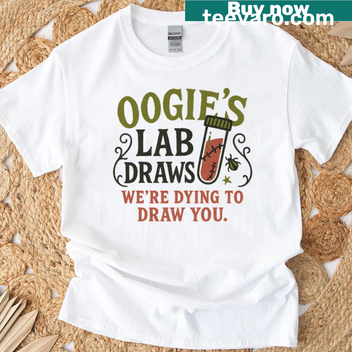 Funny Halloween-themed T-shirt for phlebotomists with humorous graphics — on a men's t-shirt